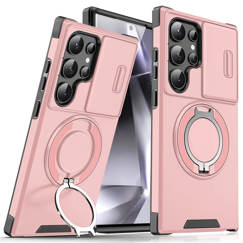 Magnetic Slide Lens Protection Case with Phone Ring Stand Holder Cover