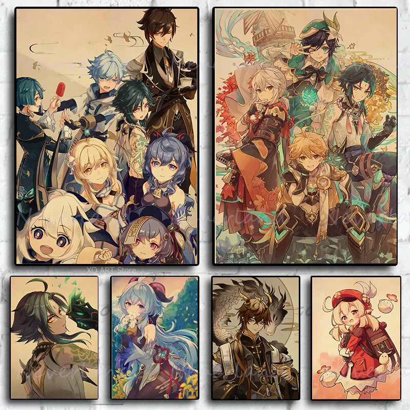 

Retro Pop Adventure Game Genshin Impact Anime Poster Canvas Painting and Prints Wall Art for Cafe Bar Room Home Decor Frameless