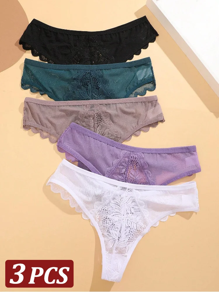 FINETOO 3Pcs/Set Sexy Lace Thongs Women Solid G-String Panties Floral Perspective Underwear Female Soft Breathable Lingerie