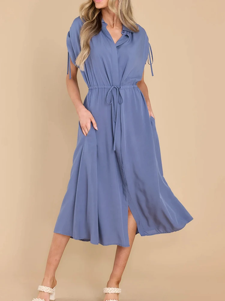 

Women Long Dress Elegant Summer Waistband Lapel Single-breasted Drawcord Dress Female Casual Loose Dress Vestido Feminino