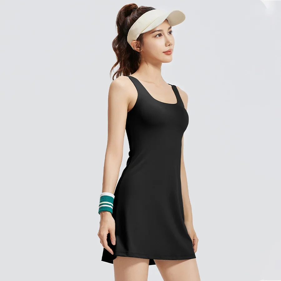 Women's Sleeveless Tennis Jumpsuit Skirt Combo Soft Breathable Golf Dress with Built-In Bra And Shorts Athletic Tights Dress