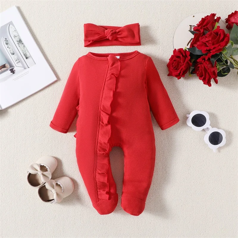 Pudcoco Infant Newborn Baby Girls Outfit Long Sleeve Crew Neck Frills Zipped Footies Jumpsuit and Headband Fall Clothes 0-12M baby clothes baby sleepsuit