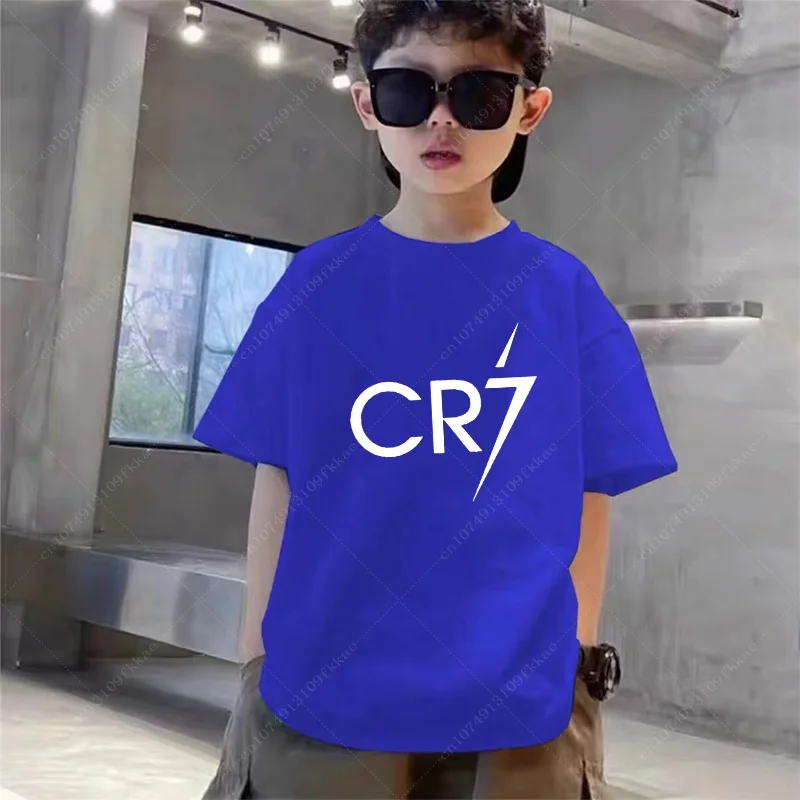 Ronaldo Football Star Printed Children's Clothing Kids Summer Short-sleeved Boys Girls Black Cotton T-shirt Sportswear Tops Teen 5