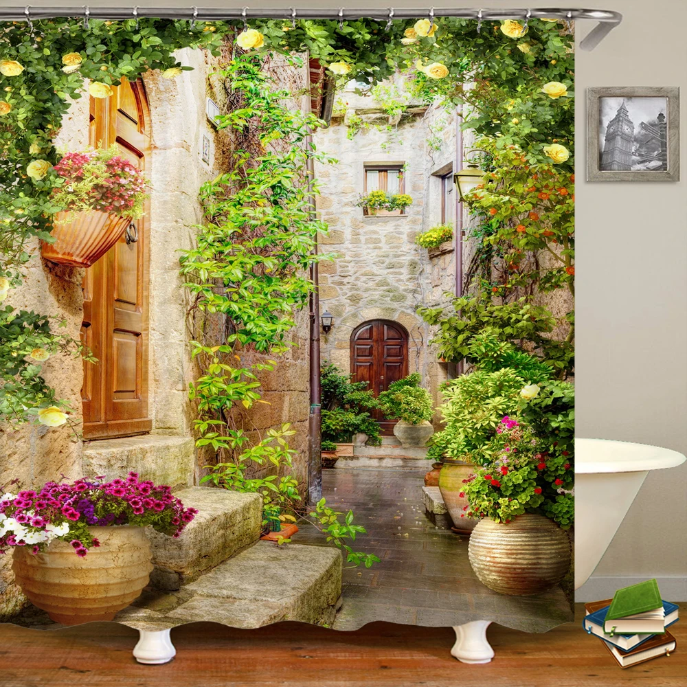 

Flowers Town Street Garden Scenery Shower Curtain Greek Garden View Printed Polyster Home Decor Bathroom Curtain with Hooks