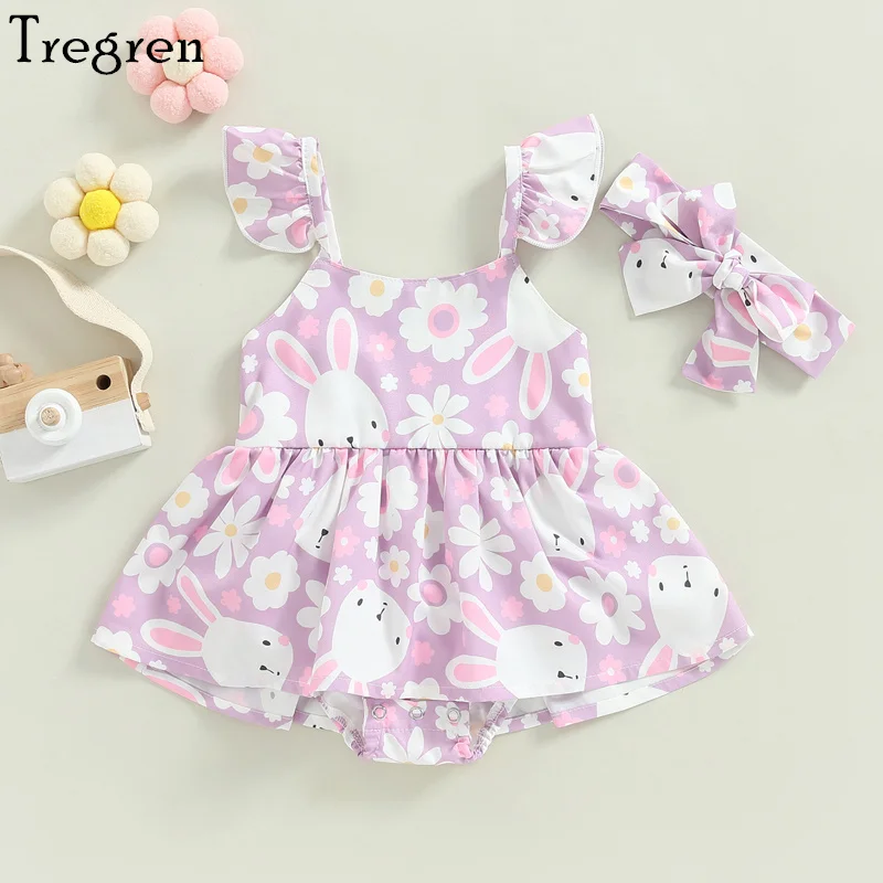 

Tregren Cute Infant Baby Girl Romper Sleeveless Rabbit Print Casual Spring Summer Bodysuit + Bow Headband 2pcs Outfits For 0-18M