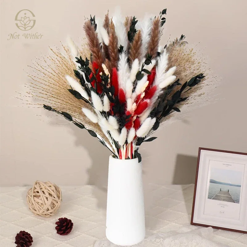 

100PCS Dried Flowers Christmas Home Decoration Natural Pampas Grass Eucalyptus Leaves Limonium Bunny Tail Bouquet Home Decor