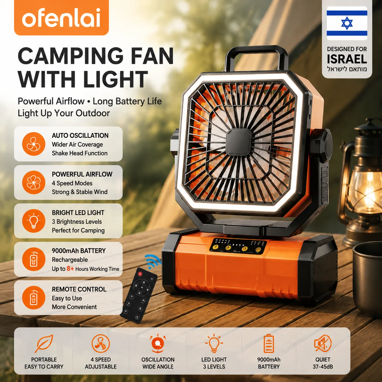 OFENLAI 9000mAh Outdoor-Campingventilator mit LED-Licht & Fernbedienung, wiederaufladbarer oszillierender Tischventilator