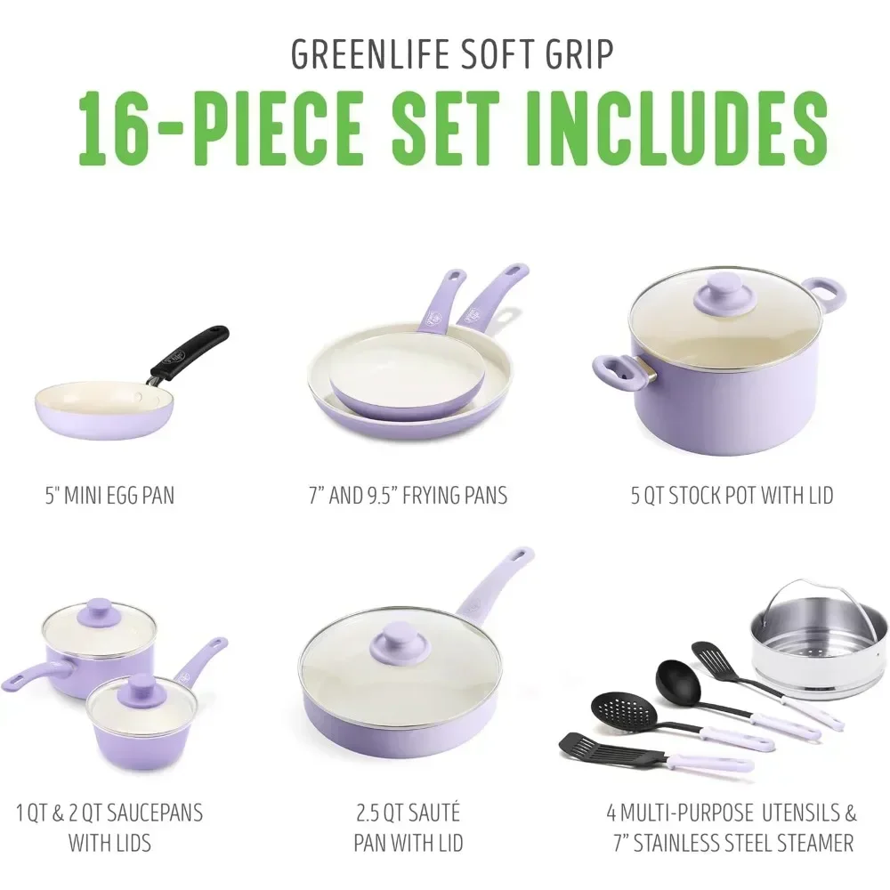 Aoibox 16-Piece Ceramic Kitchen Cookware Pots and Frying Sauce Saute Pans Set, Lavender, Purple