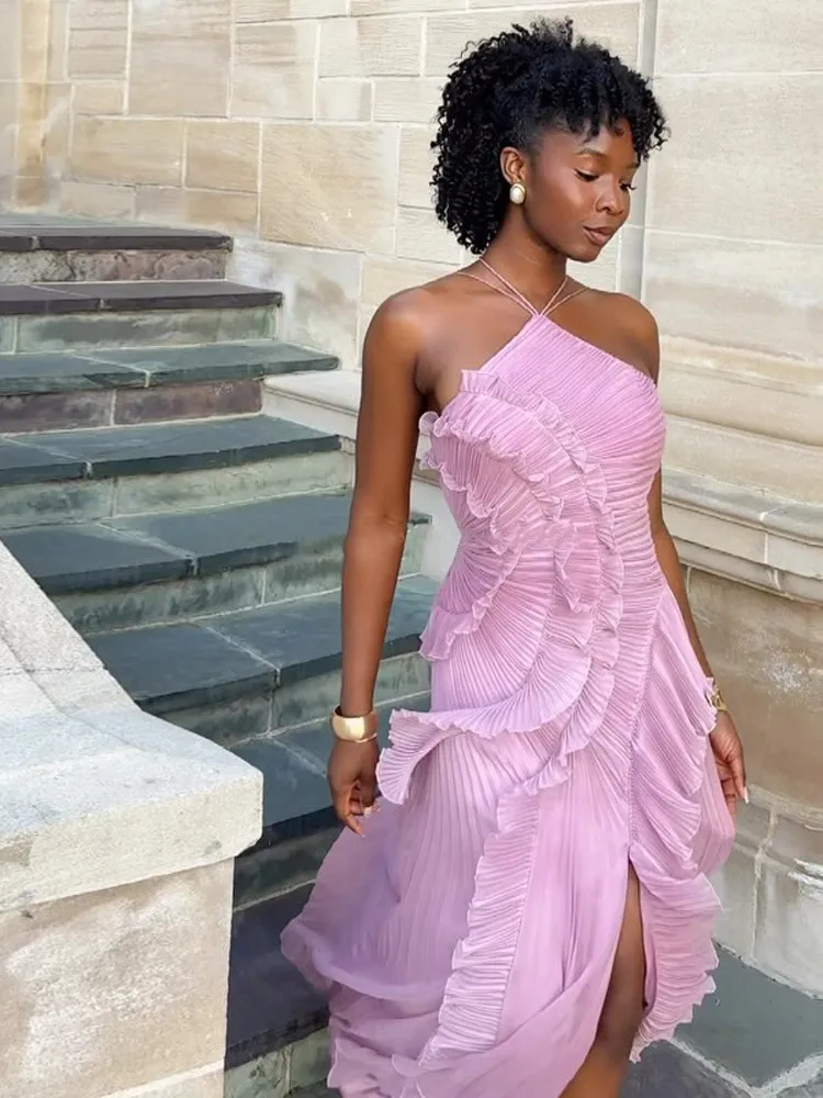 hot pink halter dress Neck Maxi With Rhinestone sweeping maxi hem Pink Dress - Hot Pink