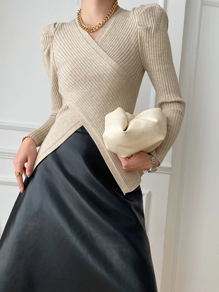 

Mozuleva 2022 Cross V-Neck Sweater Lazy Slim Waist Thin Autumn Winter Fashion Solid Knitted Pullover
