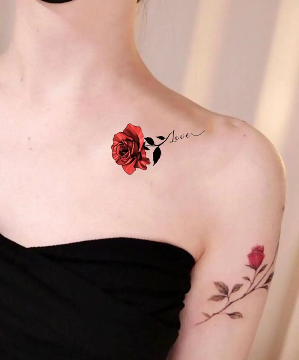

3 Sheets Branch Red Rose Temporary Tattoo Sexy Fake Tattoo Women Chest Hand Arm