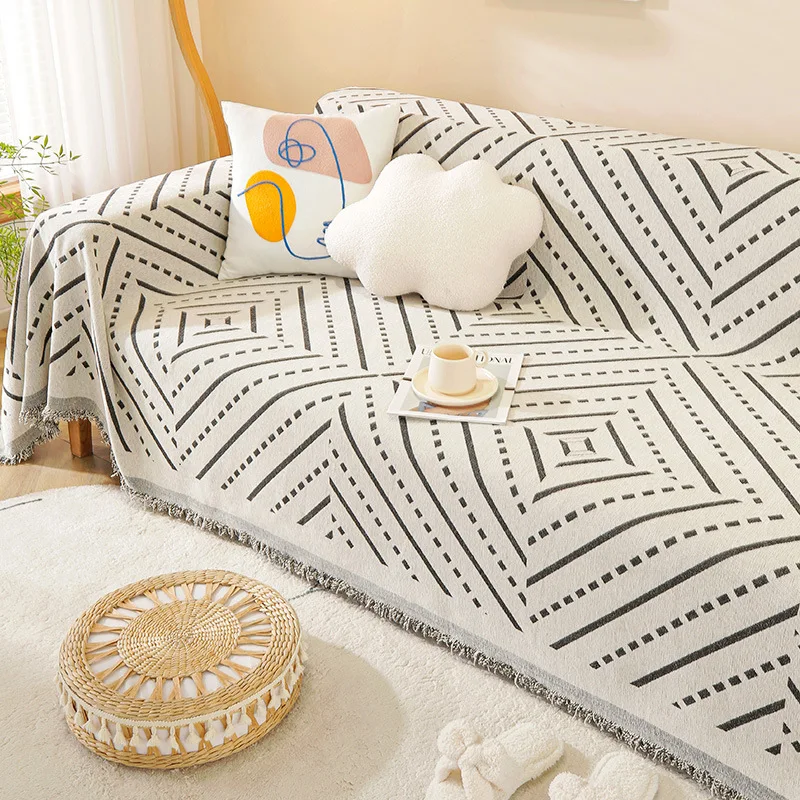 Art Deco Chenille Sofa Throw Covers &ndash; Machine Washable, Pet Friendly Stylish Geometric Design Throw with Fringe