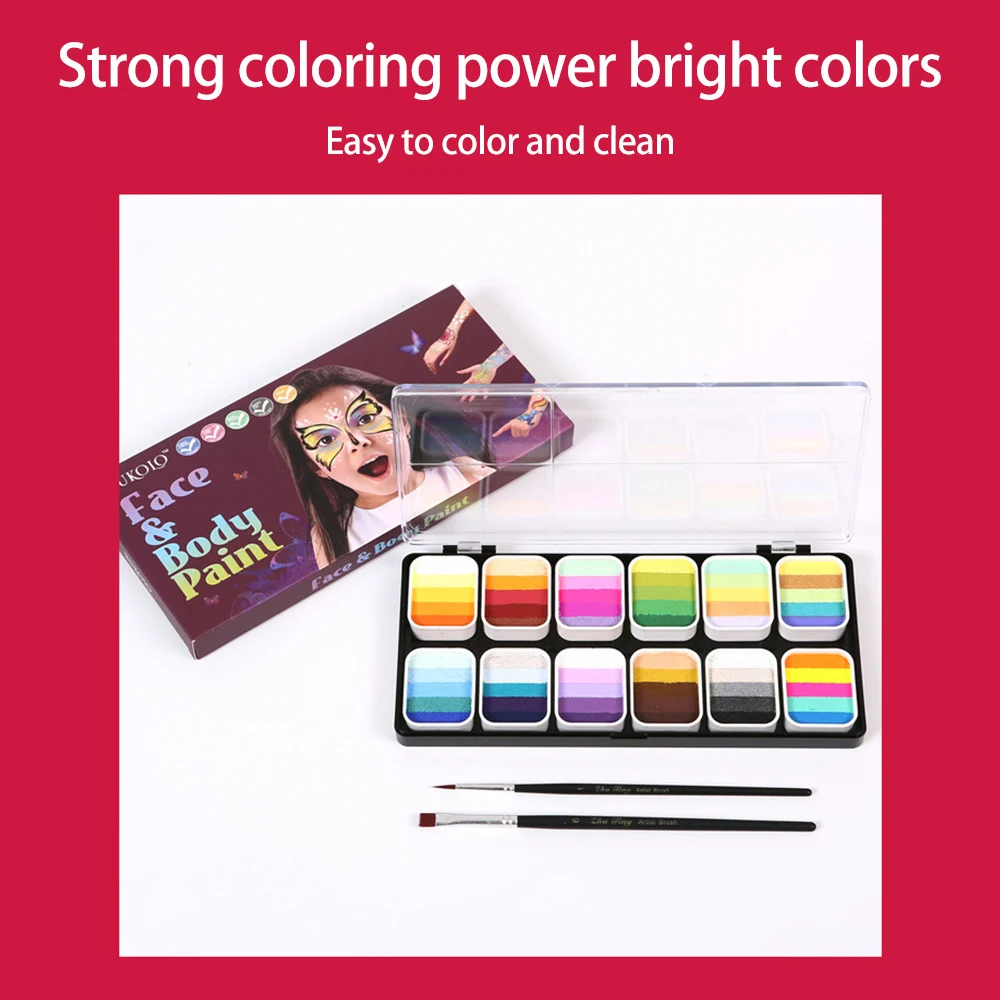 전문가용 페이스 스플릿 케이크 페인트 팔레트 세트, 여러 가지 색상 세트, 3 브러시 및 6 스텐실 스티커, 안전하고 무독성 물