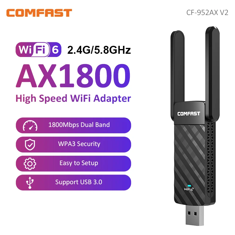 

COMFAST WiFi 6 USB Adapter Dual Band AX1800 USB3.0 Wireless Wi-Fi Dongle Drive Free Network Card WiFi6 Adapter For Laptop PC