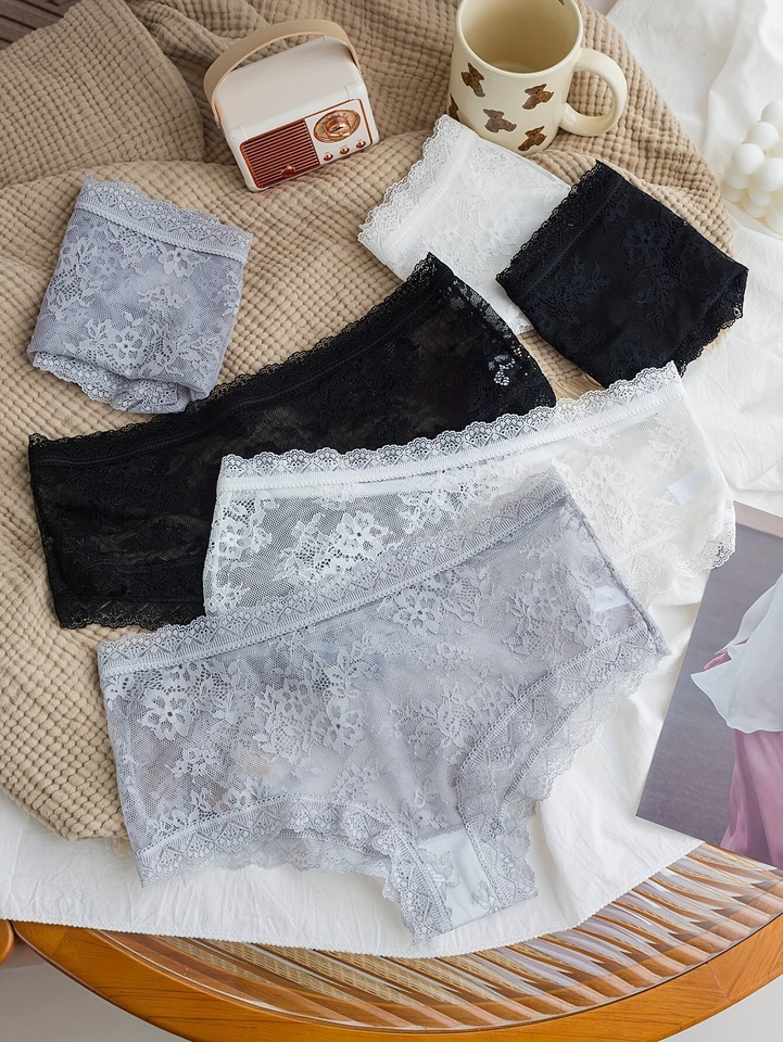 6 pairs of mixed-color mid-low waist cotton inner lining lace lace sexy light luxury women's briefs