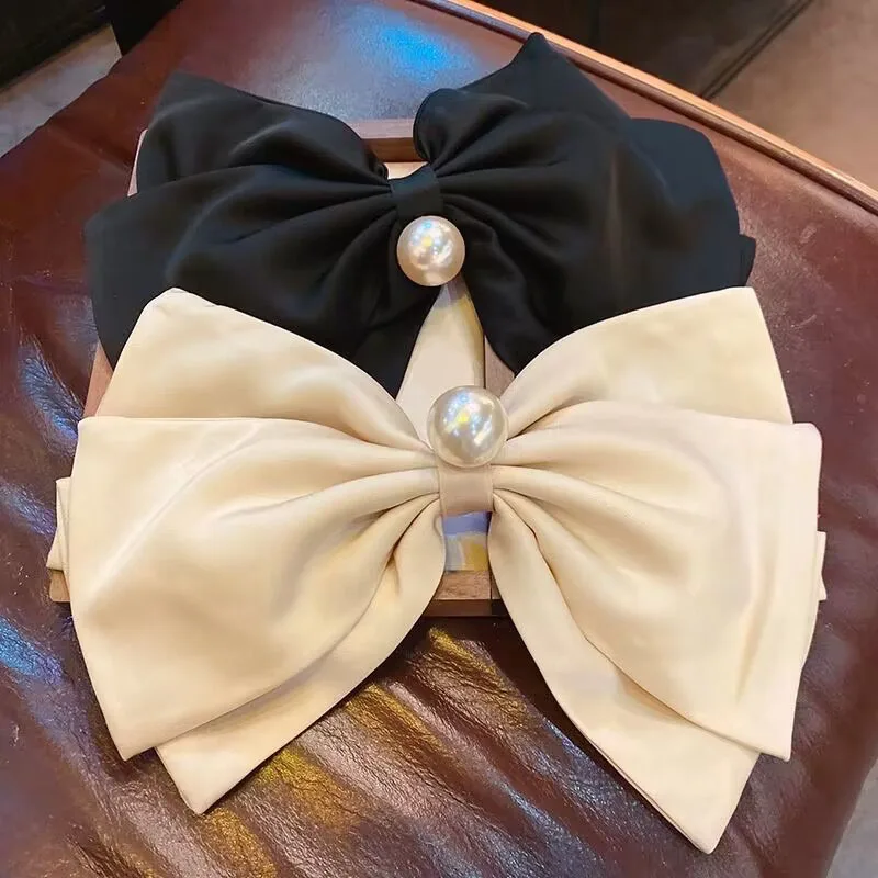 

Fashion Women Large Satin Bow Hair Clip Wedding Party Big Bowknot Pearls Barrettes Women Girls Ponytail Holder Spring Hair Clips