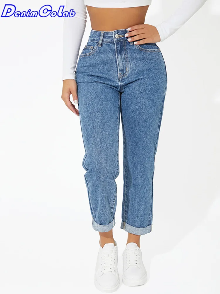 

DenimColab 2022 Fashion Roll Hem Cropped Jeans Woman High Waist Casual Loose Harem Pants Ladies Streetwear Mom Jeans Trousers