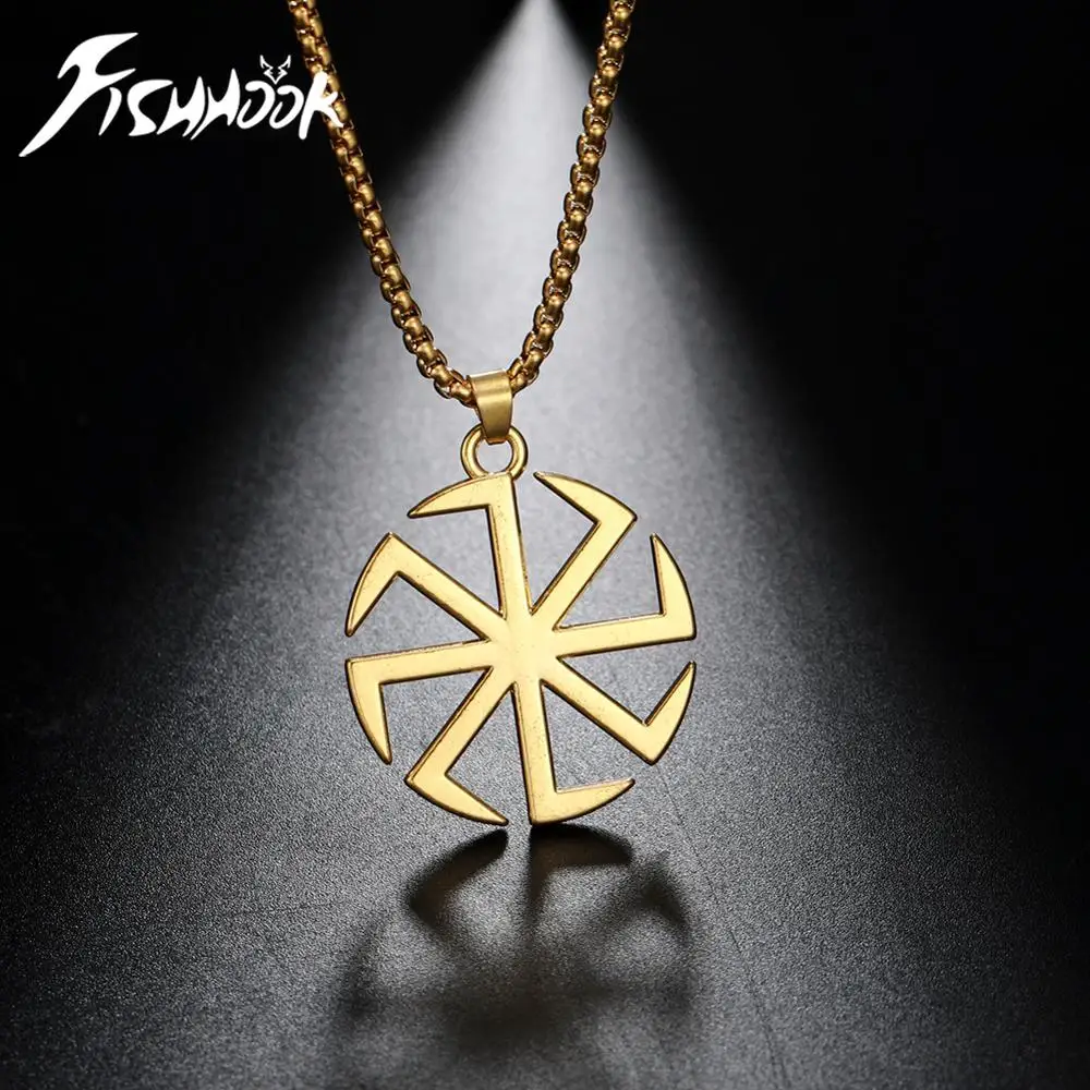 Dawapara Slavic Russian Sun Wheel Amulet Kolovrat Pendant Necklace Pagan Jewelry for Women Gold Tone
