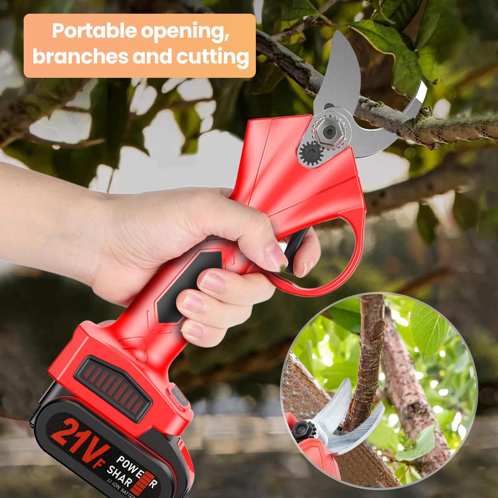 30mm Akku-elektrische Gartenschere Gartenschere 600W Obstbaum Bonsai Beschneiden Zweige Cutter Elektrowerkzeug mit 2 Stück 21V Batterie – Detail 7