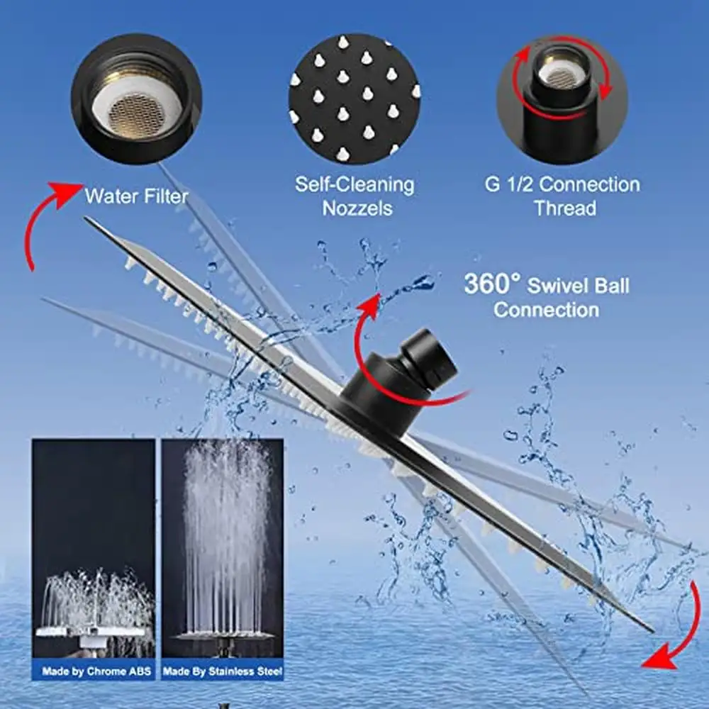 High Pressure Filtered Rain Shower Head Combo 8" Square with 5 Settings Handheld Stainless Steel Self-Adhesive Holder 1.5M Hose 4