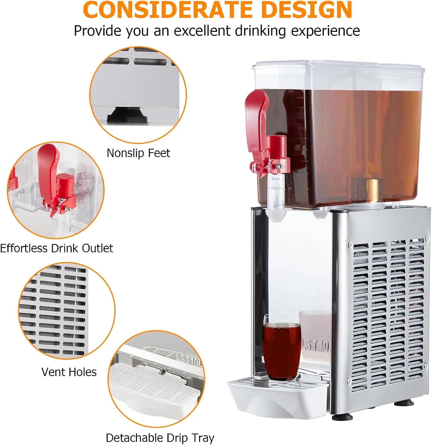 10L Stainless Steel Commercial Beverage Dispenser with 180W Cooling System for 7-12°C Temperature Range
