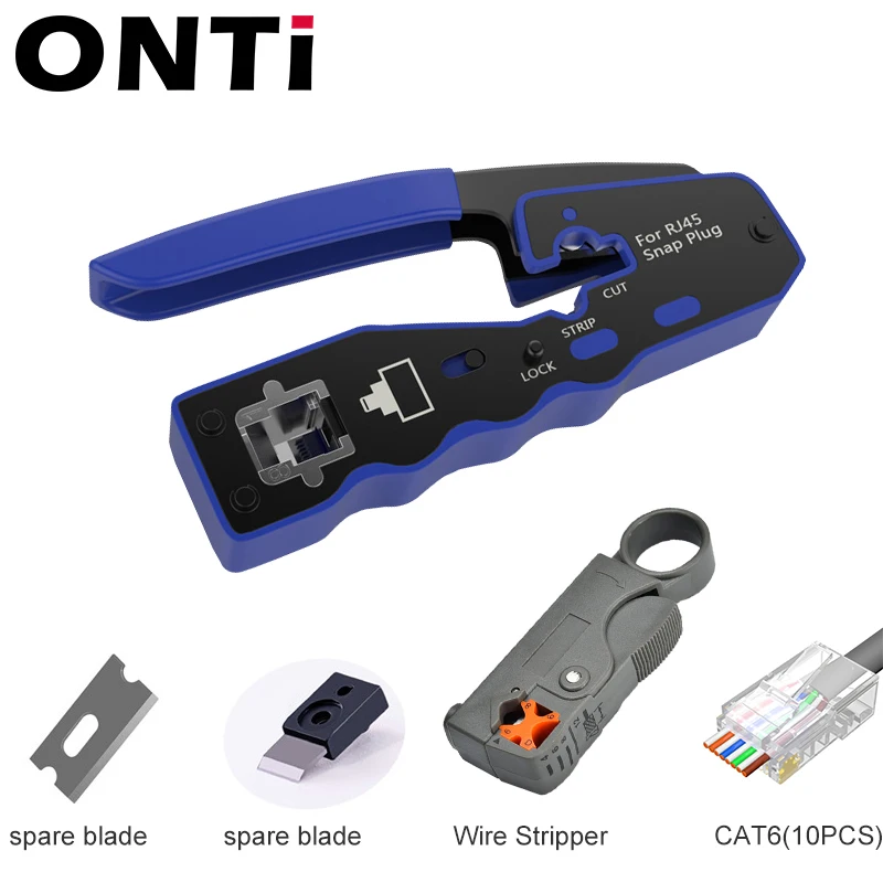 network wire tester ONTi RJ45 Crimp Tool Pass Through Crimper for Crimping Cat8/7/6/5 Cat5e Connector with Replacement Blade Ethernet Cable Stripper network repair kit Networking Tools