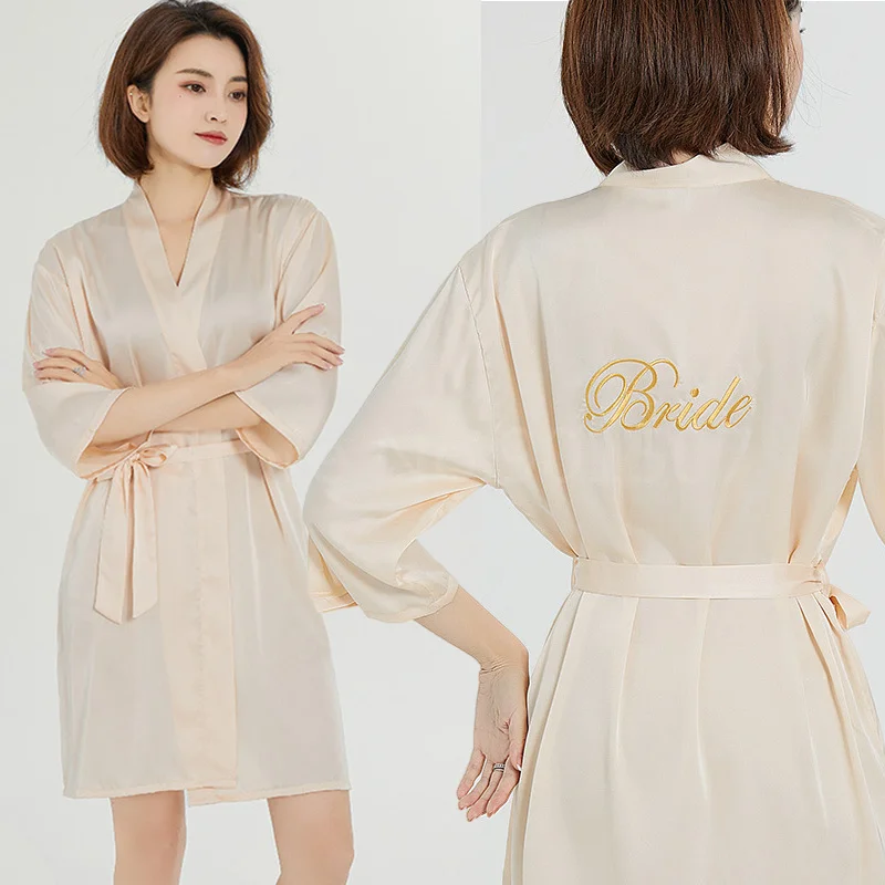 

Bride Wedding Bathrobe Women Satin Embroidery Kimono Gown 3/4 Sleeve Bridesmaid Sleepwear Robes Soft Nightgown Loungewar