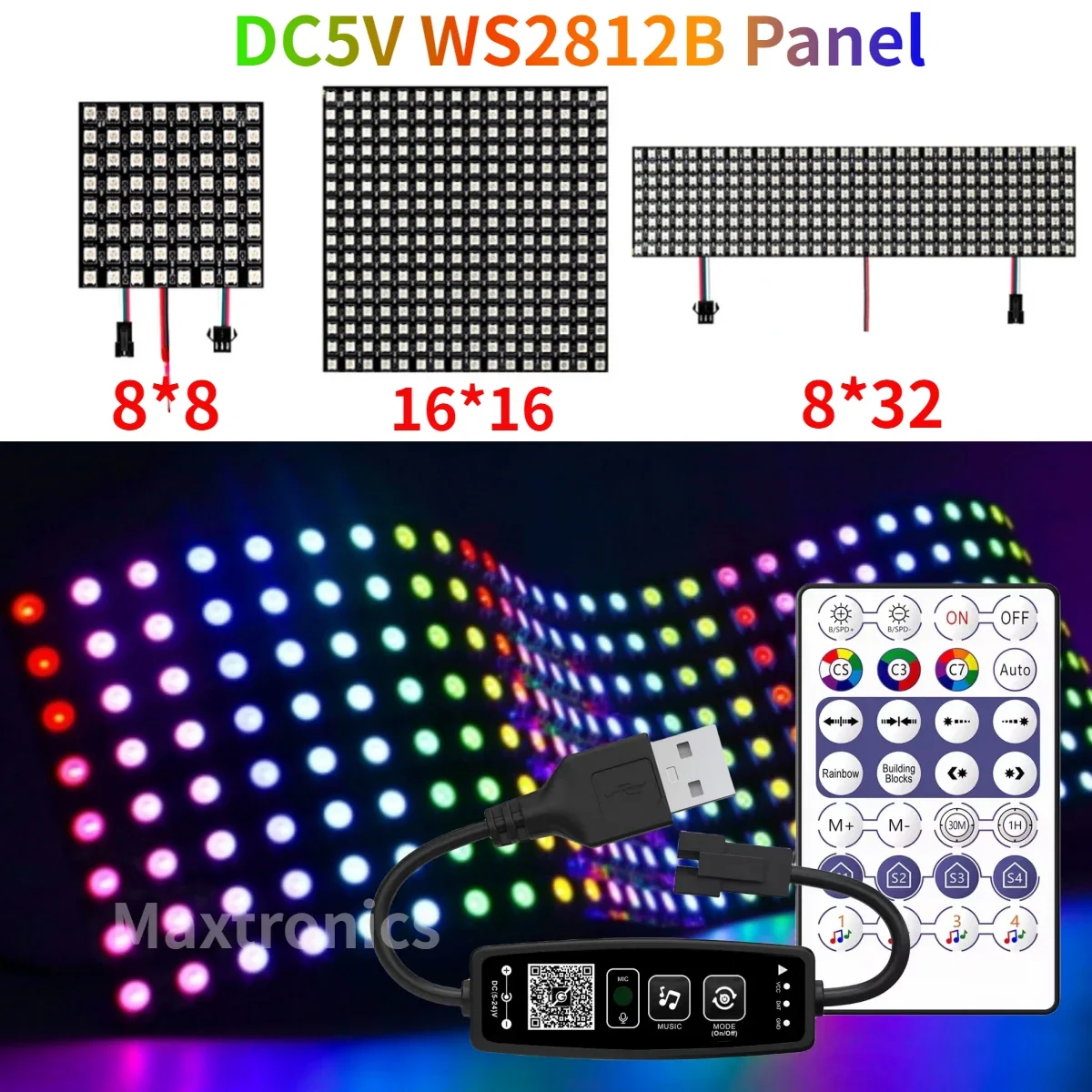 WS2812B LED Panel Light Kits 8X8 16X16 8X32 LED Module Matrix Screen Individually Addressable or USB 28Keys BT Music Controller