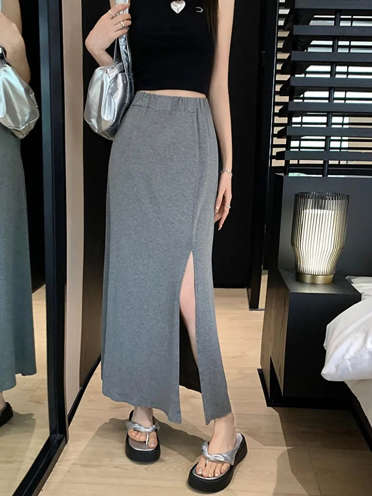

2colors S-XL 2023 Summer Female Slim long Skirts Women High Elastic Waist Thin Side Split Knitted Skirt womens (L5102)