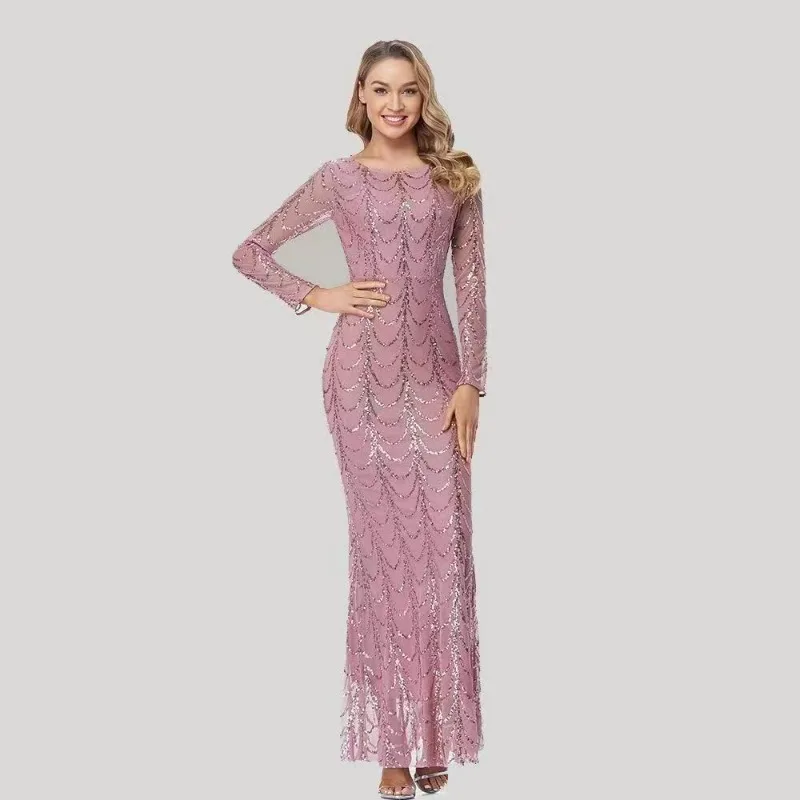 

2024 Spring Summer Banquet Fishtail Dress Elegant Party Long Sleeve round Neck European and American Evening Dress