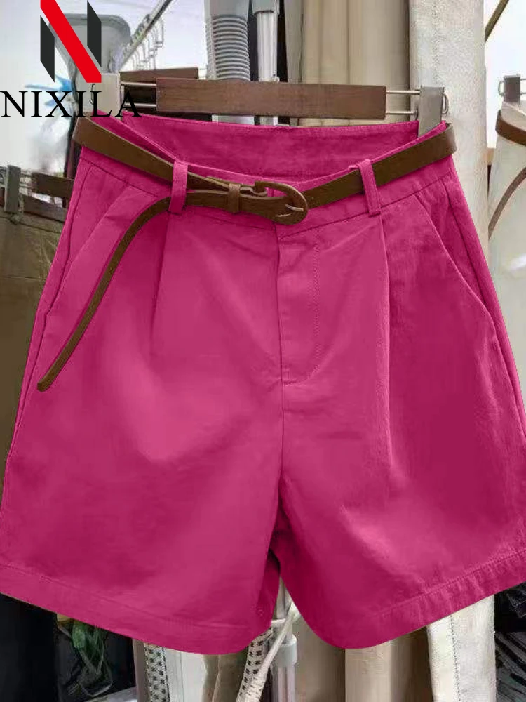 Sommer Baumwolle Shorts für Frauen Koreanische Lose Beiläufige Breite Bein Kurzen Gürtel Einfarbig Rose Rot frauen Kurze Hosen Weibliche kleidung