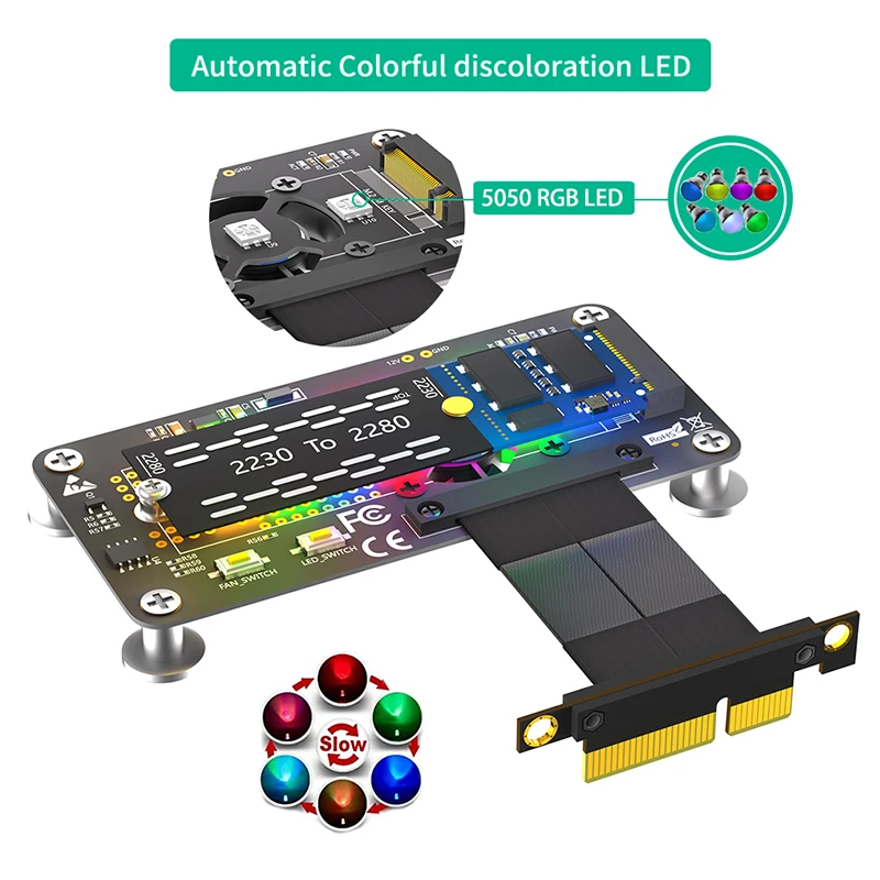 냉각 선풍기 RGB LED 마그네틱 패드 포함 익스텐션 케이블 라이저 보드, PCI 익스프레스 3.0 4X-M 키 컨버터, M.2 NVME-PCIE X4, 10cm