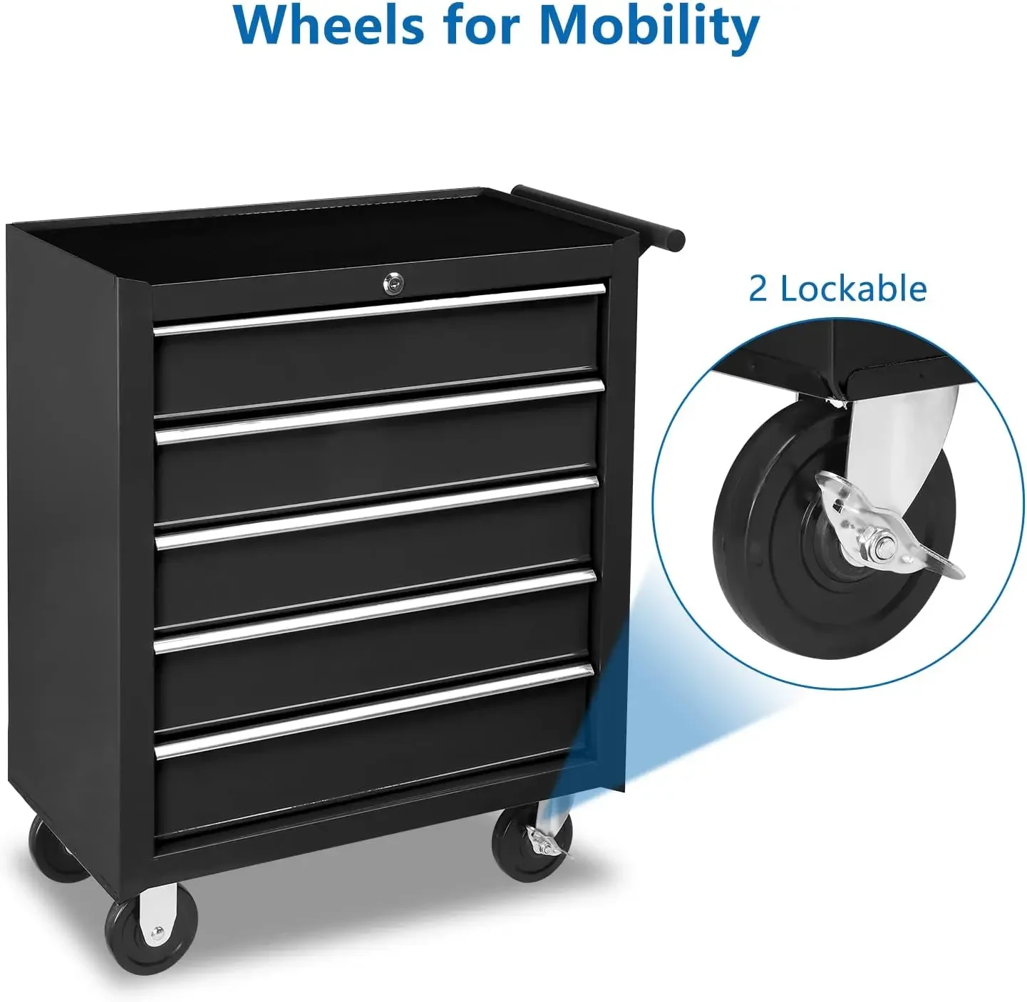 5-Drawer Rolling Tool Chest w/Lock & Key, Tool Storage Cabinet with Wheels, Top Cushion & Drawer Liners, Tool Organizer 6