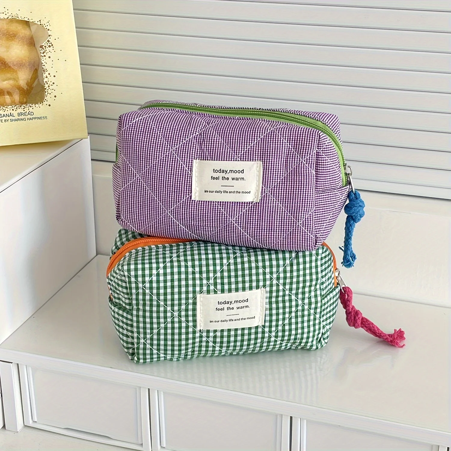 Custodia ottagonale a quadretti retrò Borsa per trucco cosmetica portatile di grande capacità per lavori di viaggio essenziali quotidiani da donna
