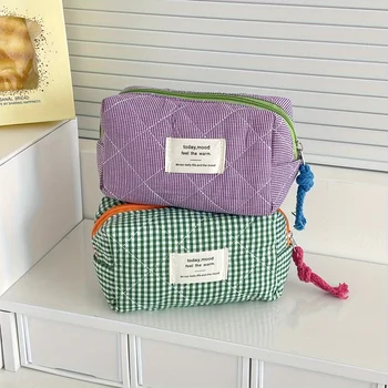 Custodia ottagonale a quadretti retrò Borsa per trucco cosmetica portatile di grande capacità per lavori di viaggio essenziali quotidiani da donna