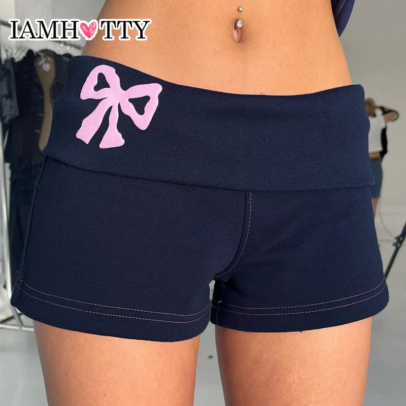 

IAMHOTTY y2k Turn-down Low Waist Hot Pants Women Cute Contrast Color Bow Print Reverse Thread Casual Shorts All-match Streetwear