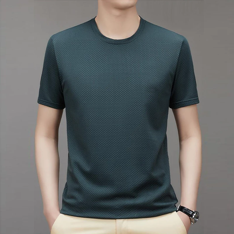

Summer Mesh Ice Silk T-Shirt Men's Short Sleeve Round Neck 2023 New Half Sleeve Men's Thin Solid Color Men's Top