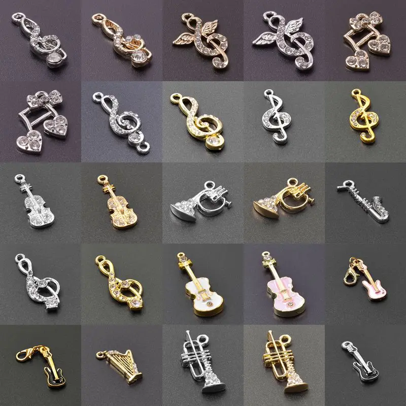 10pcs Enamel Charms Music Style Violin/Tuba With Rhinestone Pendant