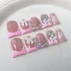 10pcs Sweet White Bowknots Press On Nails Pink French Style Glitter Diamond Pearl Decor Handmade False Nail Blush Duckbill Nails