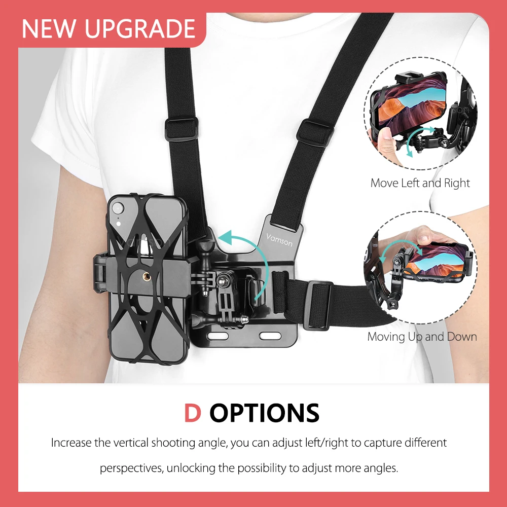 Action Camera Accessory Action Camera Holder Action Camera Mount Vamson Chest Strap Belt Body Harness Phone Clip Mount For iPhone 13 14 Samsung Huawei Insta360 Gopro Hero 11 10 9 8 7