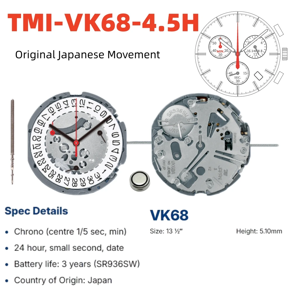 일본 TMI VK68A VK68 고정밀 쿼츠 무브먼트 크로노그래프 3핸즈 날짜 표시 소형 크로노그래프 24시간 다기능