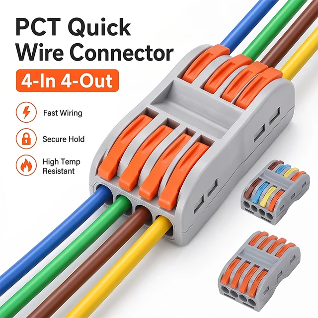 PCT 4in 4Out Mini Fast Push-in Wiring Cable Connectors 2-Position Universal Compact Durable Splitter Electrical  Terminal Block 1
