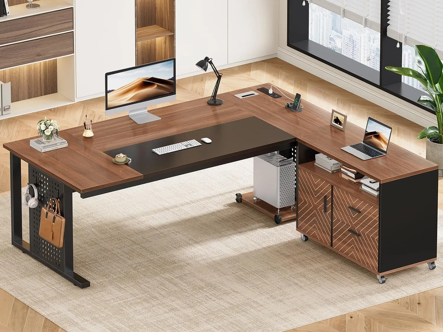 71" Executive Desk with Rolling File Cabinet, Large Office Desk with Drawers,L Shaped Computer Desk with Power Outlets,CPU Stand