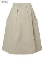 2025 ZANZEA Women Office Skirts Summer Elastic Waist Jupes Elegant A-line OL Work Faldas Saia Solid Pleated Knee Length Skirt - Image 2