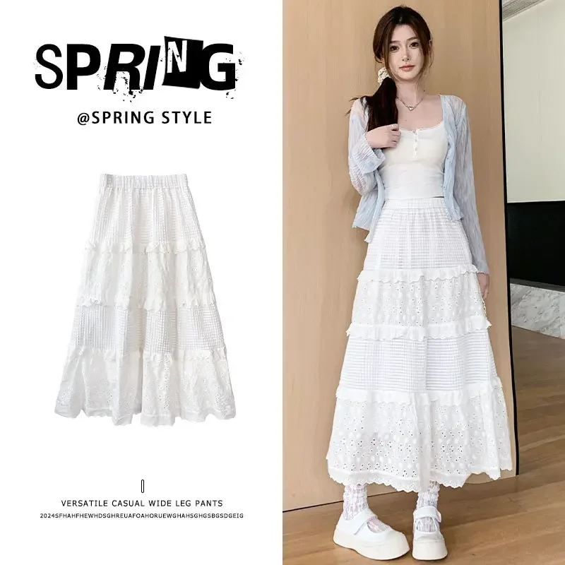 Spring and Autumn New High-waisted A-line Ballet Skirt Long Skirt Lace Cake Skirt Casual Culottes for Women