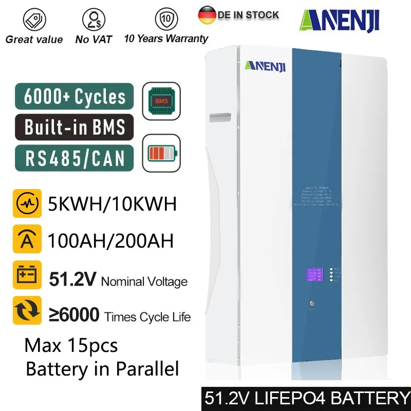 48V Powerwall 100Ah 200Ah Lifepo4 Batteria Can/Rs485 6000 + Ciclo Bms 51.2V 5Kw 10Kw Per Pv Solar Inverter Off/On Grid 16 Parallelo