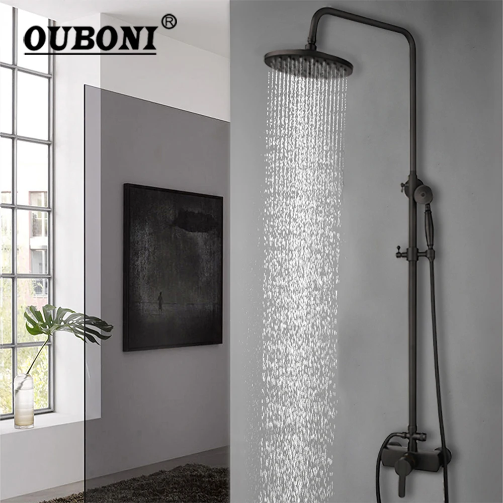 

OUBONI Matte Black Rainfall Shower Set Bathroom Faucets With Handshower Wall Mounted Cold Hot Water Control Bathtub Mixer Tap