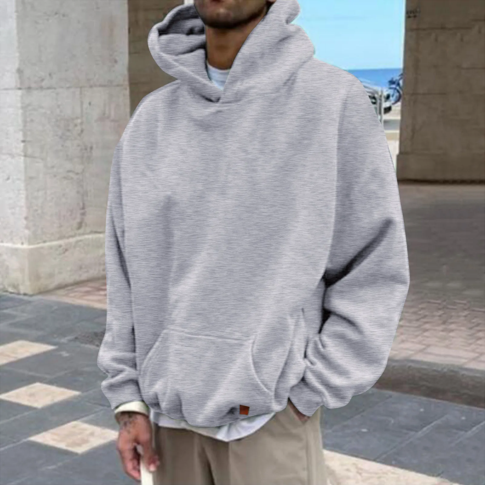 Mens Autumn And Winter Casual Loose Solid Hooded Sweatshirt Top