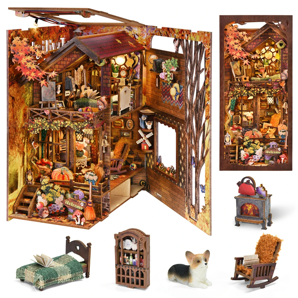 Book Nook Kit My Puppy Family DIY Wooden Puzzle Bookshelf Insert Decor Dollhouse Model Bookend Building Home Decoration Gifts 6