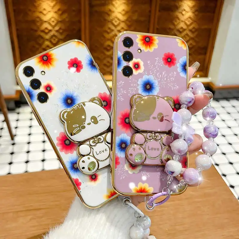 Vibrant Floral Phone Accessory Set: Case, Lanyard & Rabbit Stand